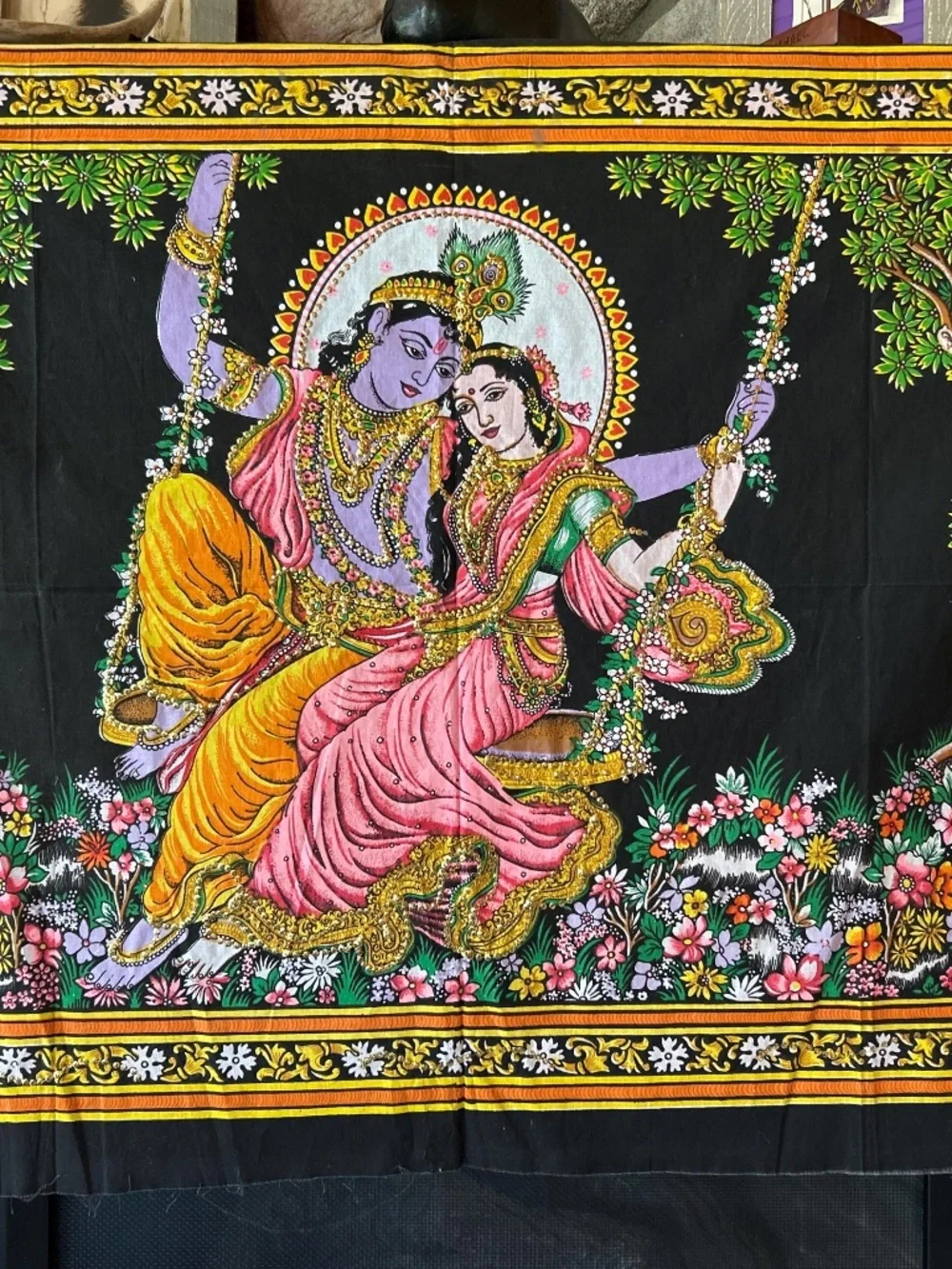 Pichwai Style Krishna Radha Sequin Tapestry | Sacred Hindu Folk Art Wall Decor